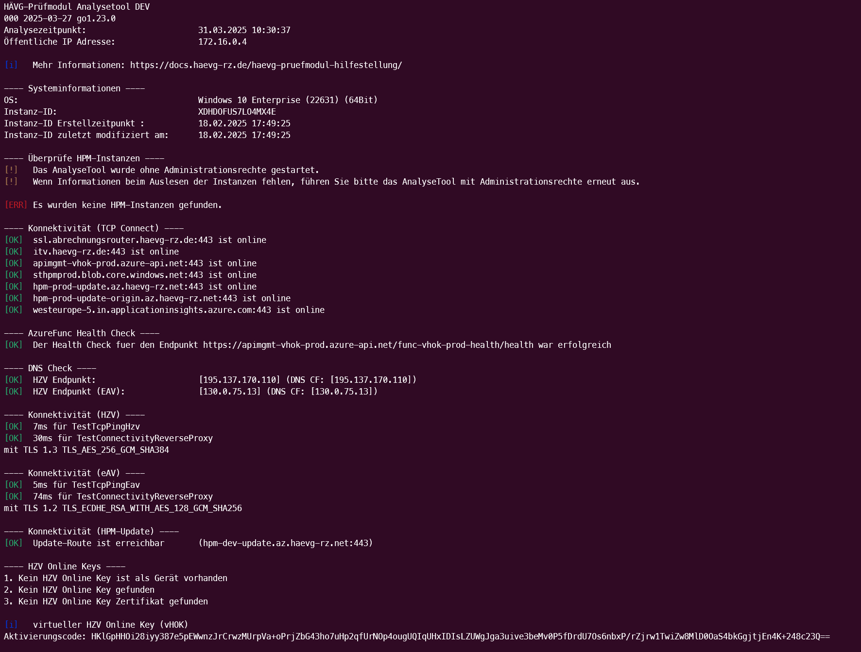 Typischer Screenshot aus unserem Testlabor vom HÄVG Analyse Tool